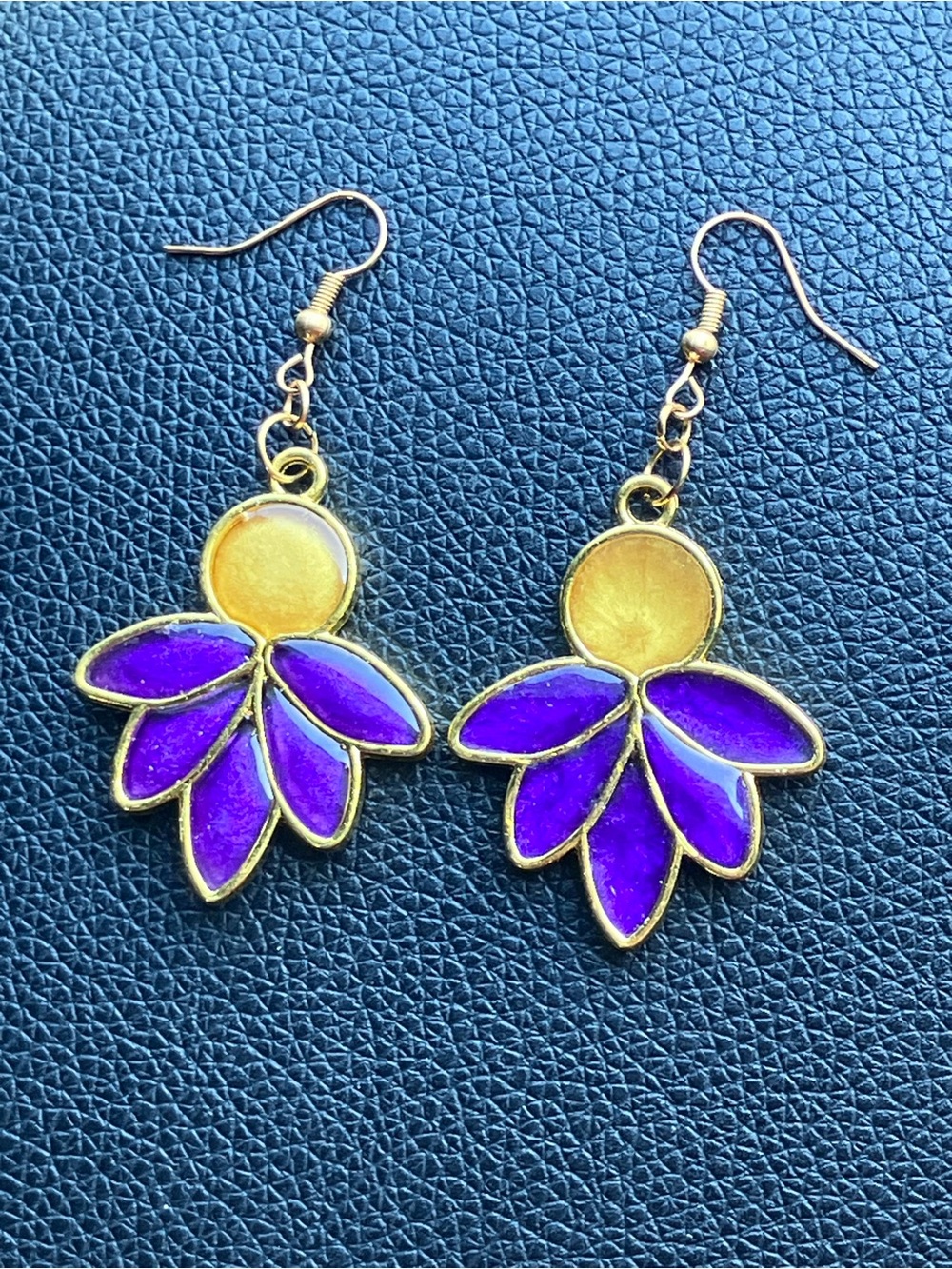 Purple and yellow/Gold Moon and lotus flower dangle earrings - Picture 4 of 6